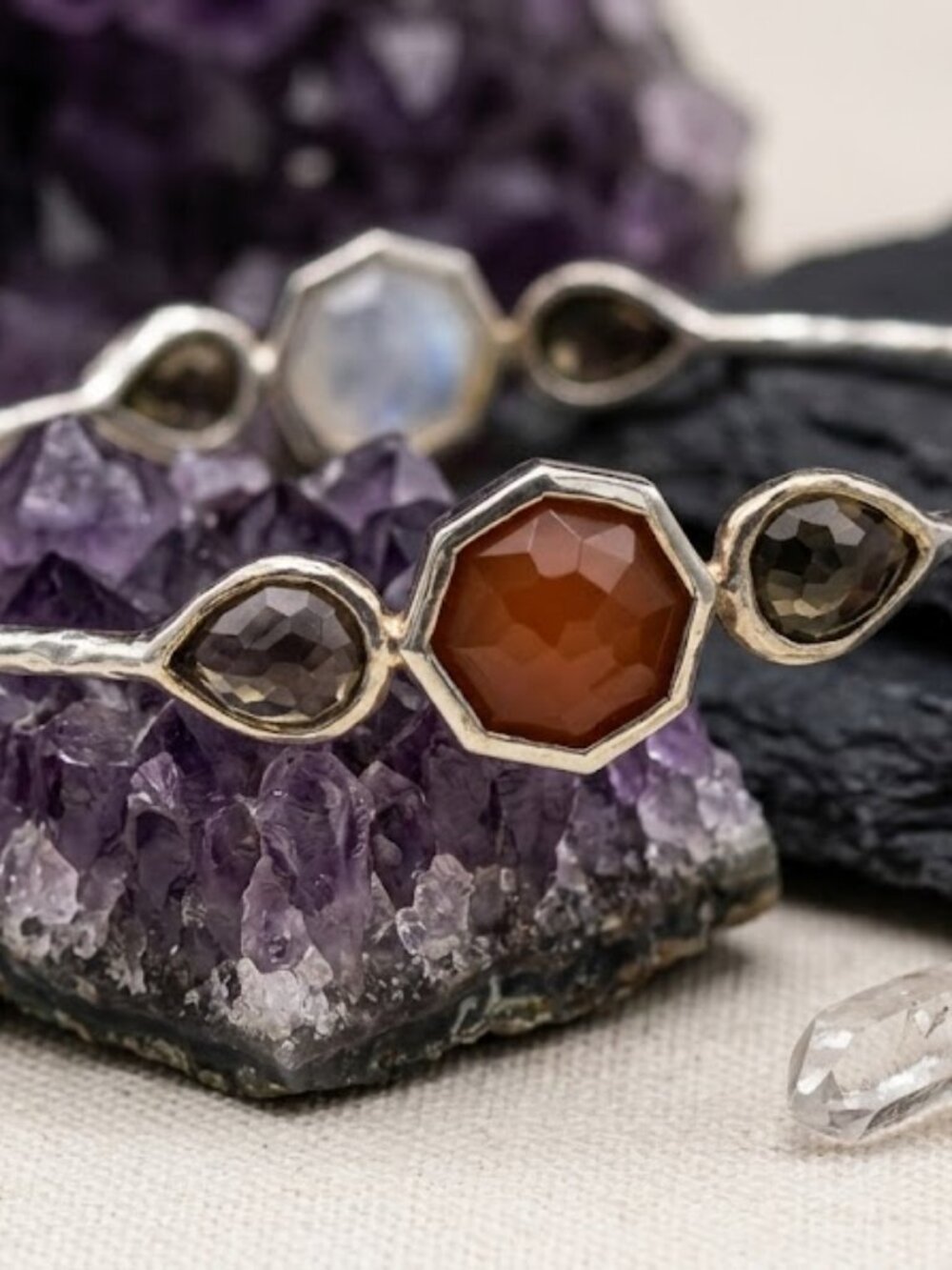 Ippolita Rock Candy Bangle 6 stone, Smokey Qtz, Peach color crystal .925